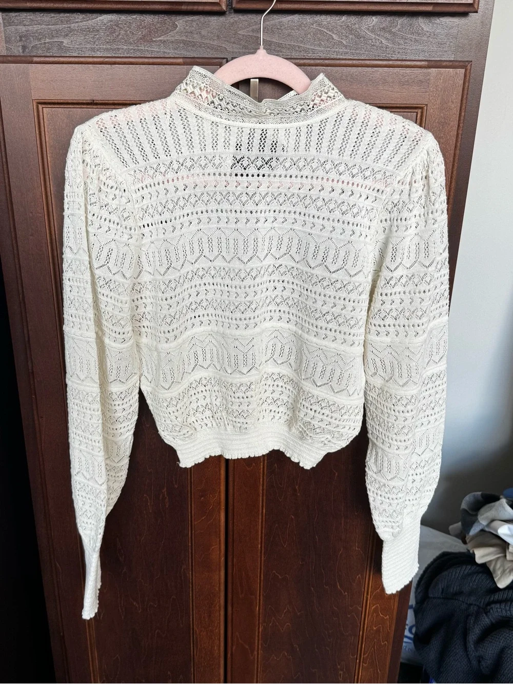 Zara Cream Pointelle Openwork Lace High Neck Sweater S⁠